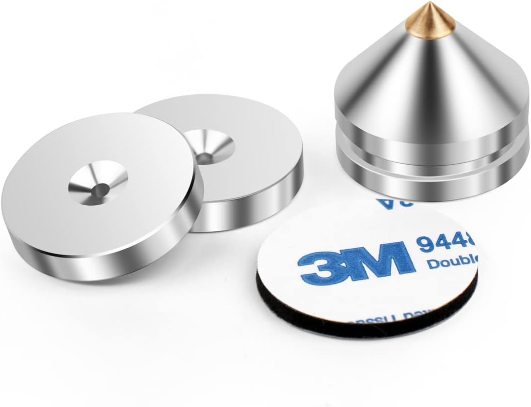 4Pcs Speaker Spikes Floor Protectors Shockproof Speaker Isolation Spikes with Base Pad for Speaker,Subwoofer,Amplifier,Turntable,Recorder CD DAC with 3m Adhesive (Silver)