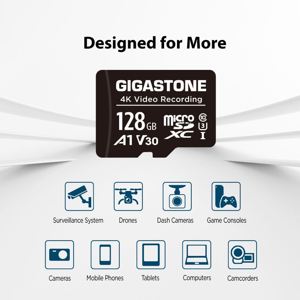 Gigastone 128GB A1 V30 1-Pack, 4K 100MB/s 10, Micro SD Card Video Pro, Security Camera, Dash Cam, Drone, MicroSDXC