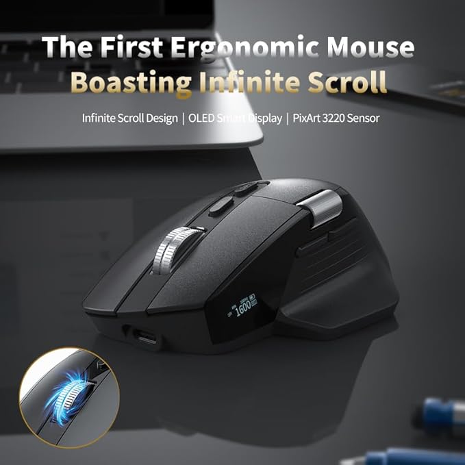 Ergonomic Wireless Mouse with Infinite Scroll & Side Scroll PixArt 3220 Sensor Bluetooth & 2.4G Rechargeable Office Mouse Multi-Connection OLED Display 700mAh Battery for Laptop PC Mac
