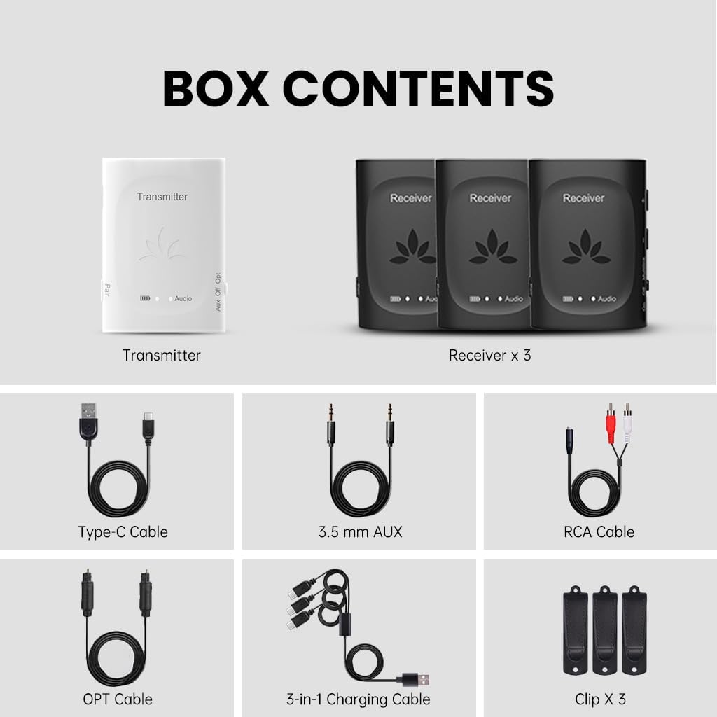 Avantree Audiplex - Wireless Audio Transmitter & Multiple Receivers Set for AV Receivers, Projectors, PA Systems, Hearing Assistant in Church, Broadcasts to 100 Multiple Headphones & Speakers