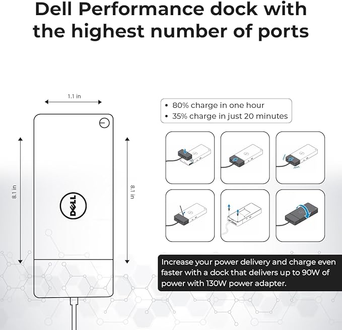 Dell WD19S Docking Station 130W (90W Power Delivery) Dell Docking Station for Laptop with 130W Power Adapter + HDMI + DisplayPort + USB-C Cable + Microfiber Cloth (Renewed)