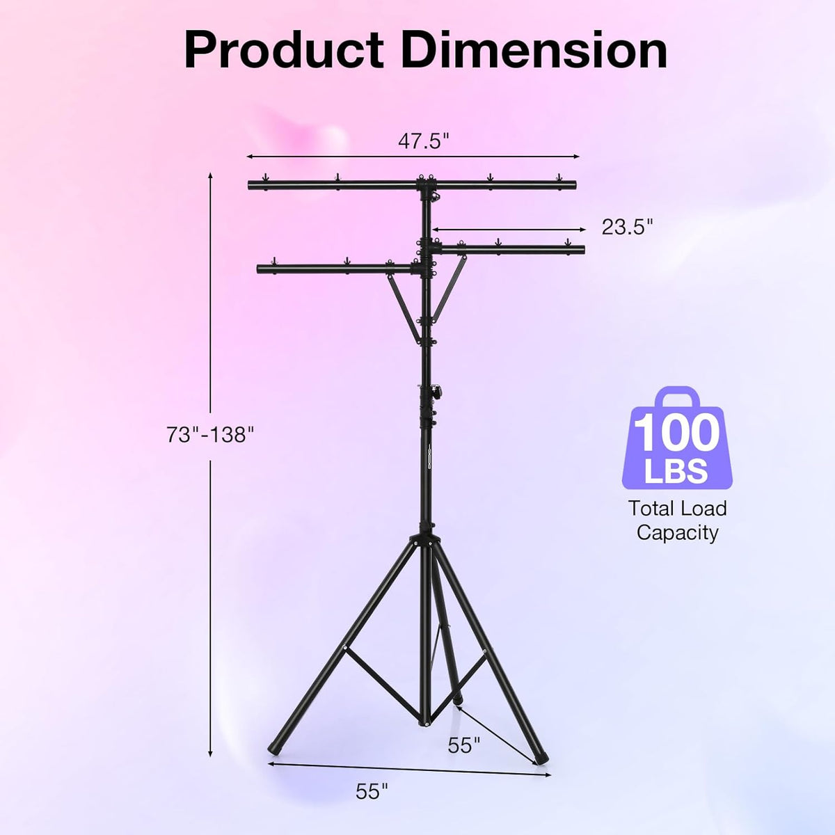 DJ Light Stand, Tripod Lighting Stand with 73""-138"" Adjustable Height, Portable T-bar Light Stand Stage Light Stand for Bar, Party & Banquet, TL35700