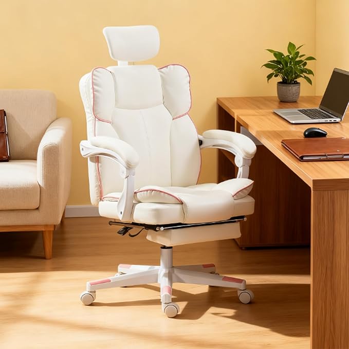 Big and Tall Ergonomic Gaming Office Desk Chair with Footrest & Headrest PU Leather Video Game Chairs with Armrests Height Adjustable 360° Swivel Computer Chair for Home Office (White)