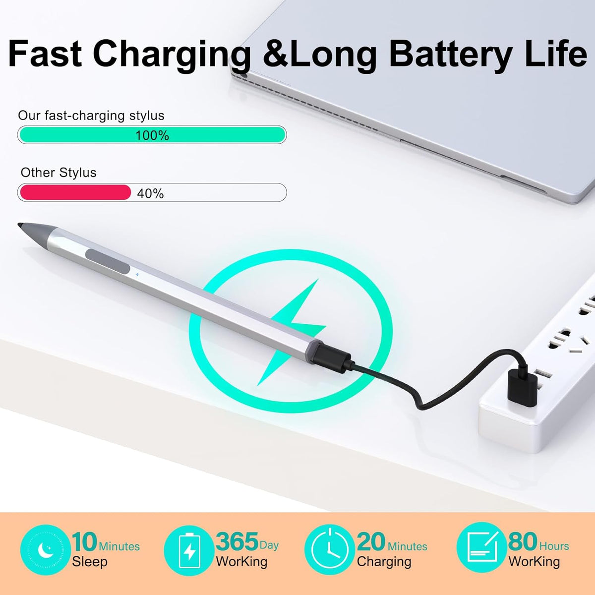 Stylus for HP Envy X360 Pavilion x360 Specter X360 Spectre x2 Envy x2 Touchscreen Laptop Rechargeable MPP 2.0 Tilt Pencil 4096 Pressure Sensitivity Using The Microsoft MPP Protocol, Silver