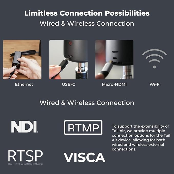 OBSBOT Tail AIR NDI Streaming PTZ CameraSmart RC Controller4K AI-Powered Webcam1.8 CMOSf/1.8 ApertureAI TrackGesture & Remote ControlWired&Wireless ConnectionLiveStream for Church/Mus