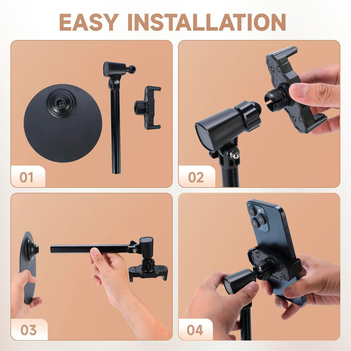 Adjustable Phone Stand for Desk with Clip Mount Live Streaming: 360° Rotatable Overhead Shot Holder with Sturdy Metal Base, Compatible with TikTok, YouTube, Zoom Video Recording (Black)