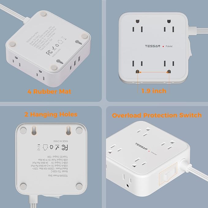 TESSAN Surge Protector Power Strip, 15 Ft Flat Plug Extension Cord with 3 USB (1 USB C 20W PD) 8 Outlets, 900J Protection, 3 Sided Outlet Extender with Power Switch for Office, Dorm Room, White