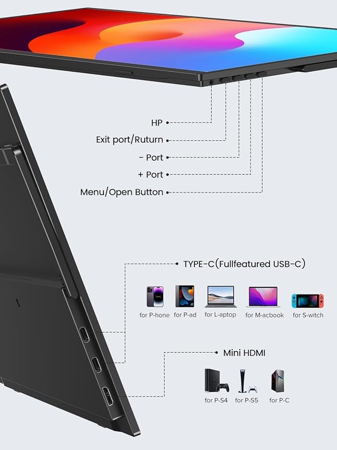 UPERFECT Portable Monitor 15.6 125% sRGB Ultra-Slim Laptop Monitor with Protective Sleeve Built-in Adjustment Stand | Speaker | VESA HDMI USB-C Plug & Play Second Screen for Phone Game Console