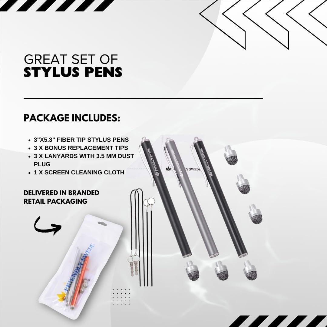 The Friendly Swede Mesh Tip Stylus Pen for Touchscreen — 3-Pack Micro-Knit Capacitive Stylus Pen for iPad & iPhone with 3 Replaceable Fiber Tips, Elastic Lanyards & Screen Cleaning Cloth