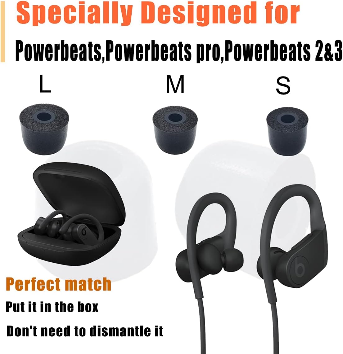 Replacement Earbuds Tips for Powerbeats Pro - Memory Foam Eartips, Noise Isolation, Anti-Slip Fit - Fits Powerbeats Pro, 2 & 3 - Black, 3 Pairs LMS