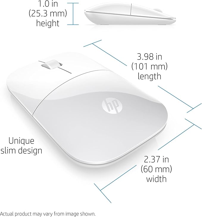 HP Z3700 Wireless Mouse White Slim Multi-OS & Device Compatibility 2.4 GHZ Connectivity Multi-Surface Technology Blue LED 1200 dpi Optical Sensor Up to 16 Months Battery Life