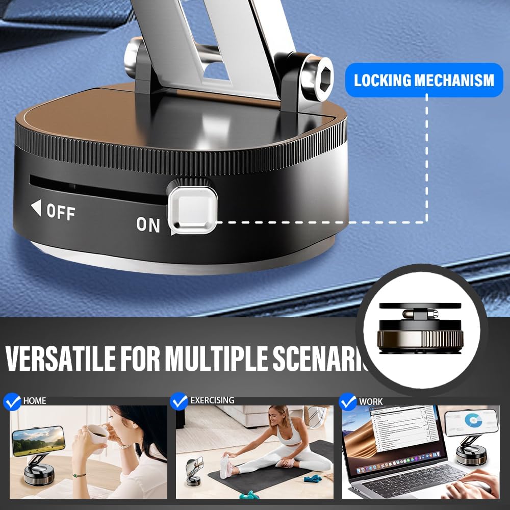 360° Adjustable Vacuum Magnetic Phone Holder, Foldable Magnetic Car Phone Holder for Your Car, Hands-Free Suction Cup Phone Mount for Car/Gym/Mirror/Smooth Surface for iPhone & Android (Black)