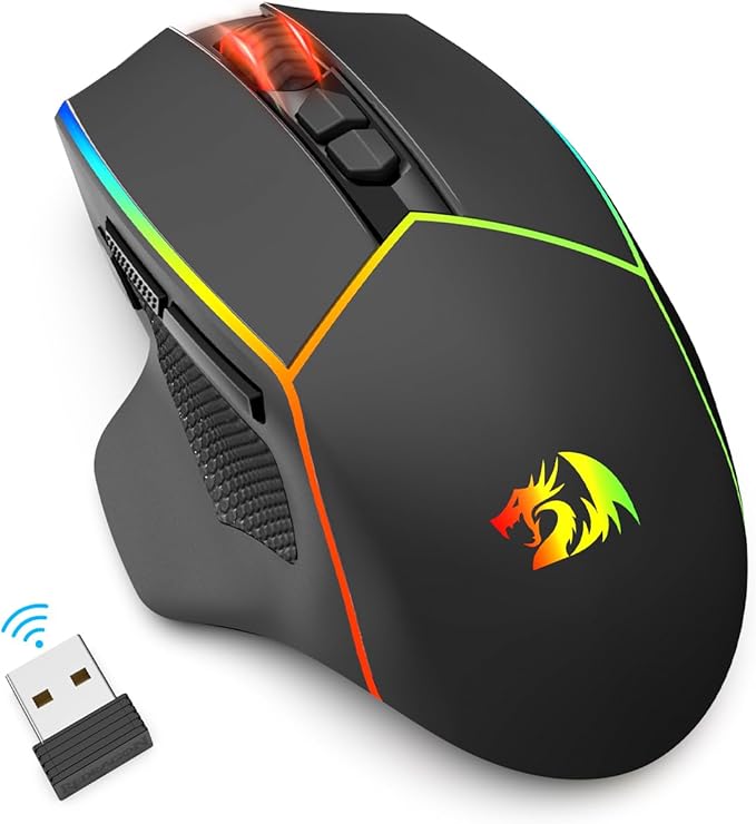 Redragon Wireless Gaming Mouse Tri-Mode 2.4G/Bluetooth/USB-C 7 Programmable Buttons Tactile Rapid Fire Key 8000 DPI RGB Ergonomic Mouse for PC Windows Gaming & Work M814