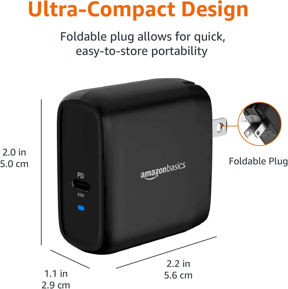 Amazon Basics 65W One-Port GaN USB-C Wall Charger with Power Delivery PD, Foldable Plug, for Laptops, Tablets & Phones, Black