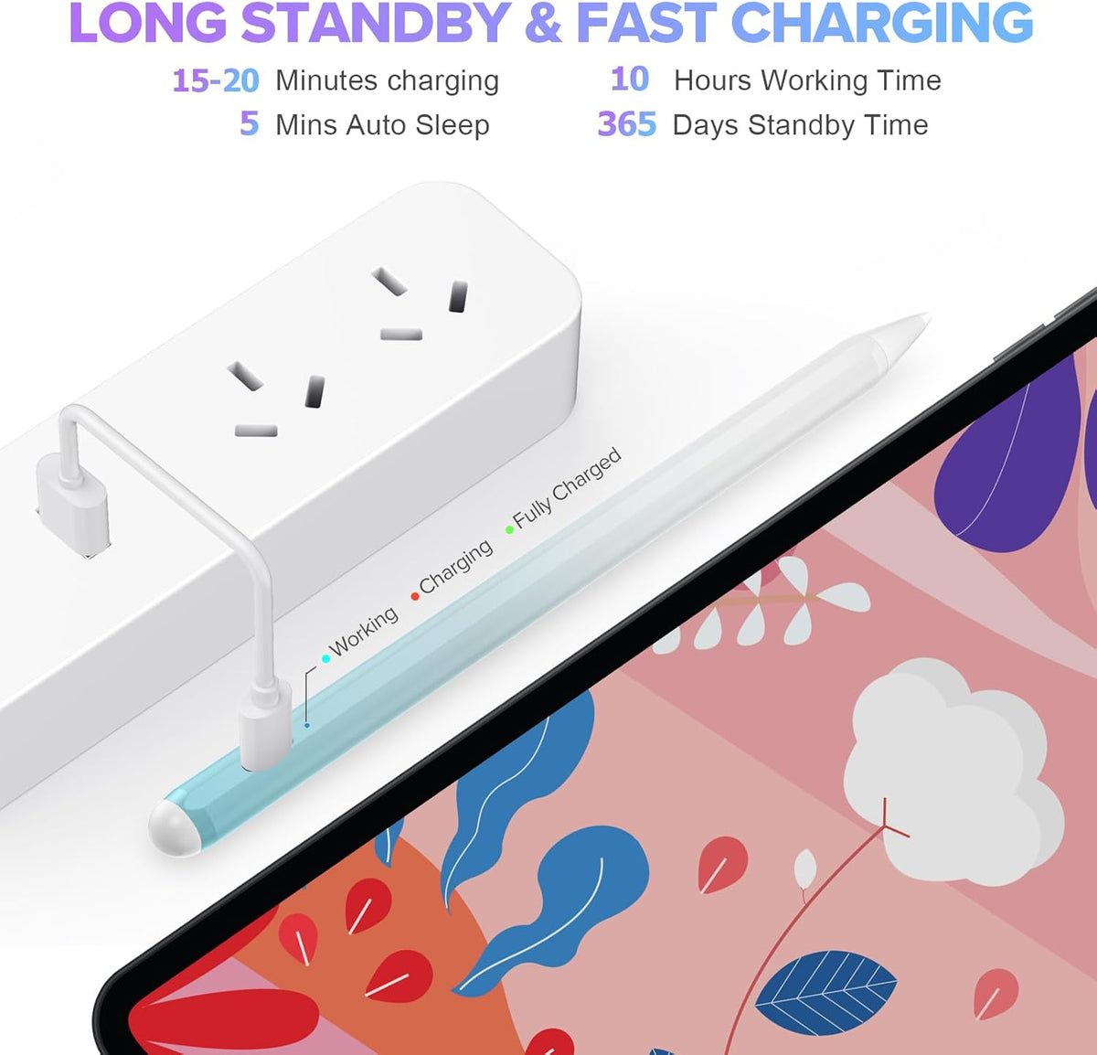 Stylus Pen for iPad 6th-11th Generation-2X Fast Charge Active Pencil Compatible with 2018-2025 Apple iPad Pro 11"/12.9"/M4, iPad Air 3/4/5/M2/M3,iPad mini 5/6 Gen-White Blue