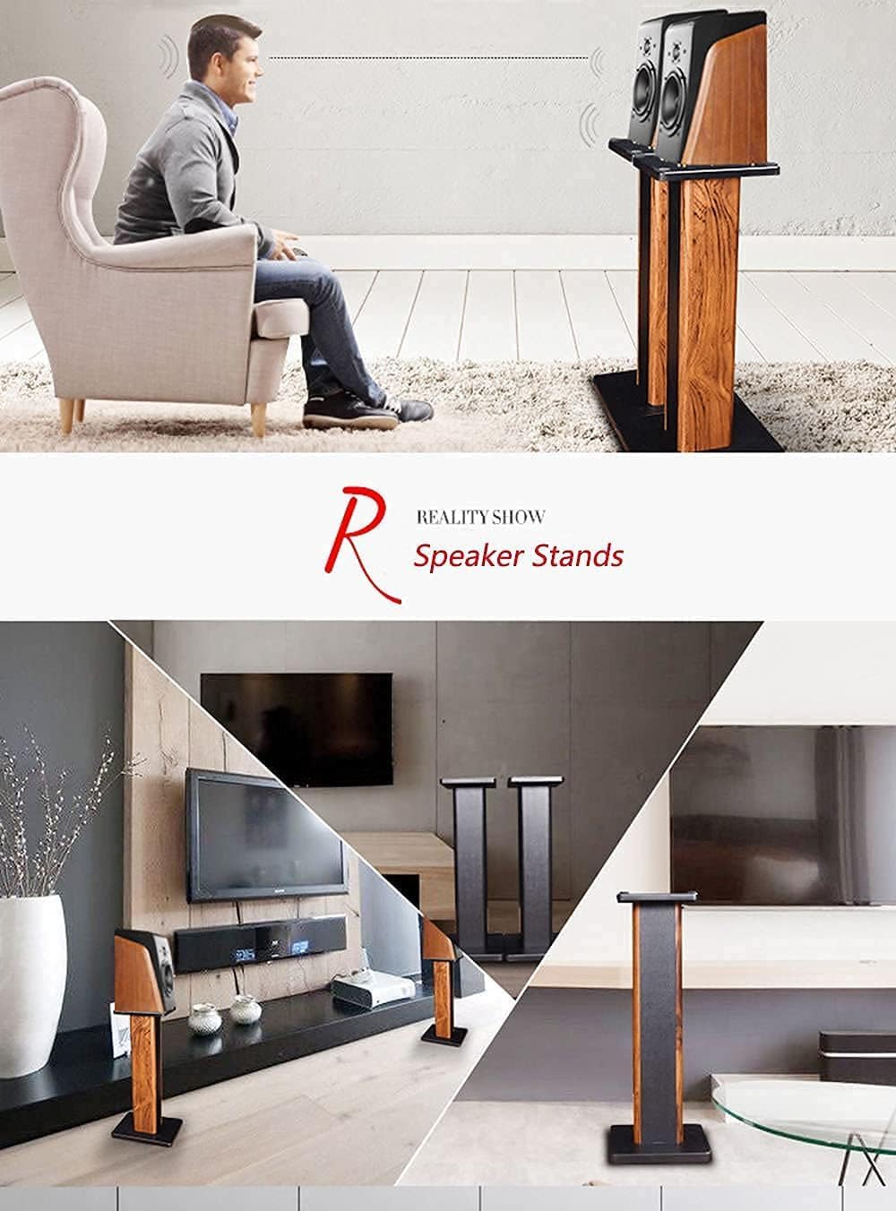 Speaker Stands Wood Grain 28 Inch Universal Floor Speaker Stands Pair Heavy Duty Surround Sound Speaker Monitor Stand for Home Theater with Sand Filling Tuning Function - 1 Pair
