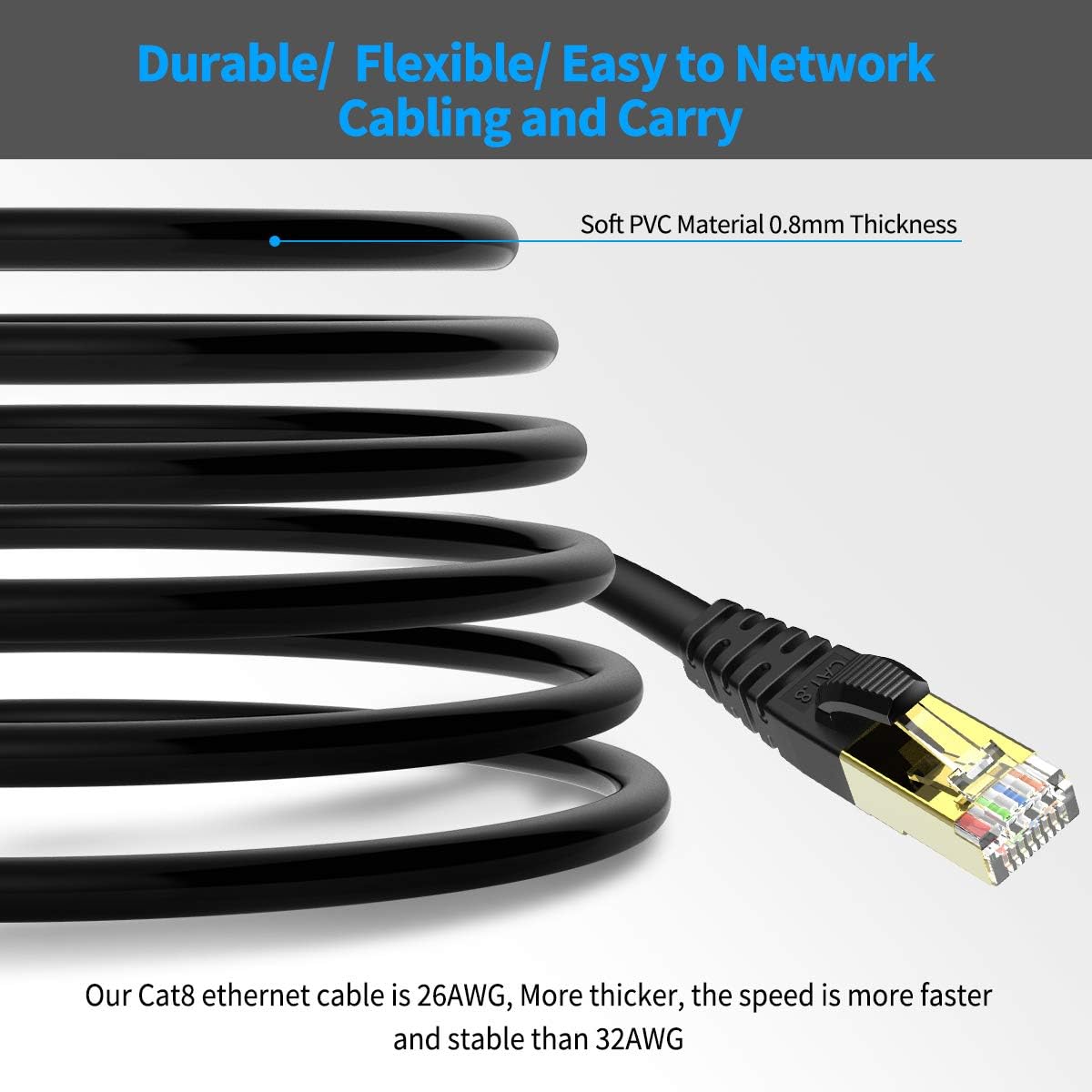 KASIMO CAT 8 Ethernet Cable 5 Feet, 10 Pack Black Shielded SFTP Internet Network Patch Cord, Heavy Duty High Speed LAN Cables w Gold Plated RJ45 Connector Professional for Router, Modem, Gaming