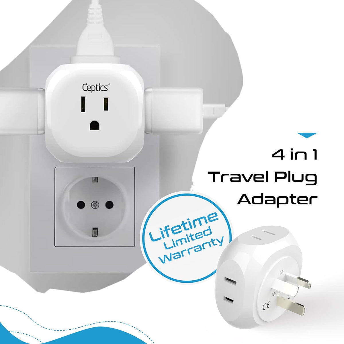 Ceptics Australia, New Zealand, China Travel Plug Adapter - 4 Input - Ultra Compact - Light Weight - USA to Any Type I Countries Such as New Zealand and More - 2 Pack (PT-16), White