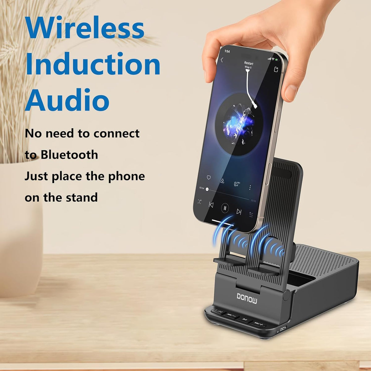 DONOW Wireless Induction Bluetooth Speaker with Cell Phone Stand, HD Surround Stereo Sound Foldable Phone Holder