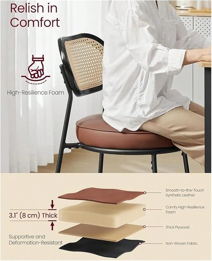 Adjustable Office Computer Chair with Armrest 1pcs Leather Upholstered Accent Dining Chairs with Woven Rattan Backrest(Coffee Brown)