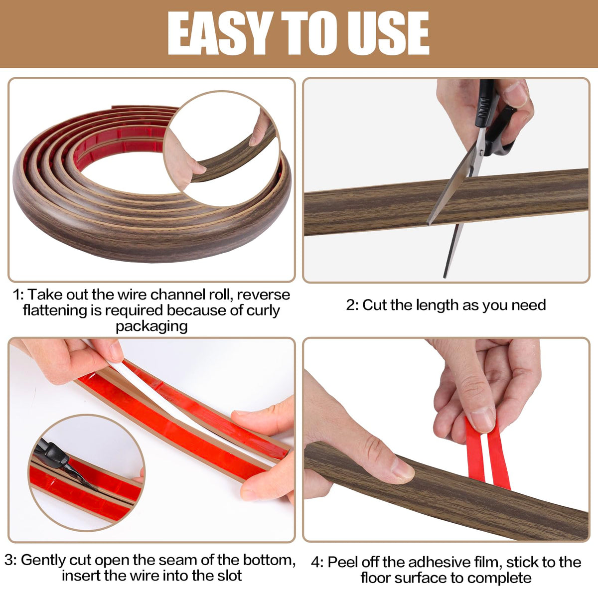 Floor Cord Cover Self Adhesive Cord Hider,10FT Cable Management, Extension Strip Protector for Wires, Prevent Cable Trips for Offices, Gyms, Exhibitions Cavity:0.51"(W) x 0.3"(H) Wood Walnut