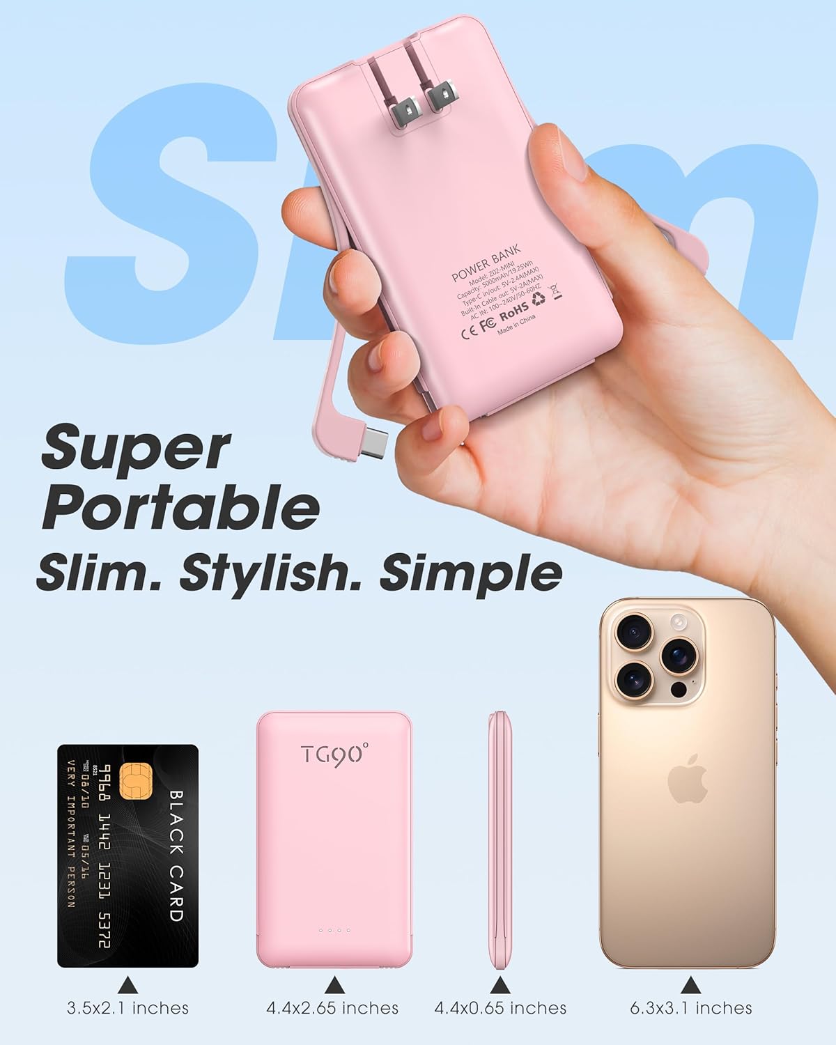 TG90° Portable Charger Power Bank, Ultra Small 5000mAh Battery Pack with Built-in Foldable AC Wall Plug and Cables, USB C Cell Phone External Battery Charger Compatible with iPhone and Android Devices