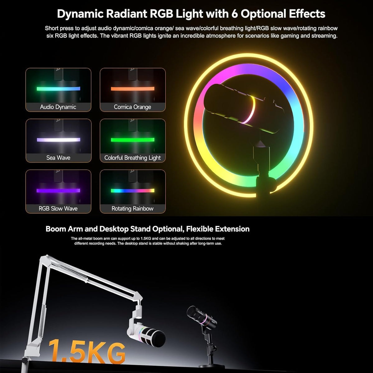 COMICA EJoy D10 A USB/XLR Dynamic Microphone with RGB Light &CalMix Denoise &Mute Button- Studio-Quality Cardioid Mic with Boom Arm Stand for Gaming, Streaming, Podcast,YouTube(PC/PS5/Xbox/Mac-White