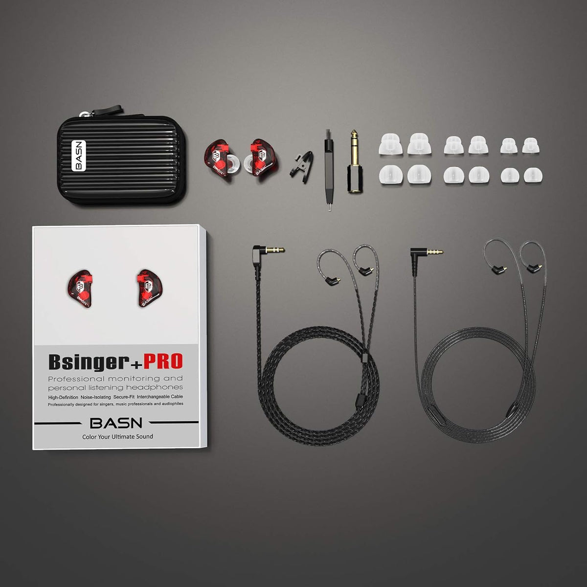 BASN Bsinger PRO in-Ear Monitors Hybrid Dynamic Dual Drivers Two Detachable MMCX Cables Musicians in-Ear Earbuds Headphones (Red)