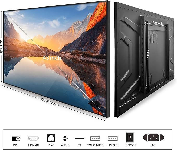43 Multi-Touch Screen Industrial Monitor FHD 1080P Digital Signage Display for Advertising Reverse Control Laptop Wireless Screen Mirroring Built-in Speakers USB HDMI Ports
