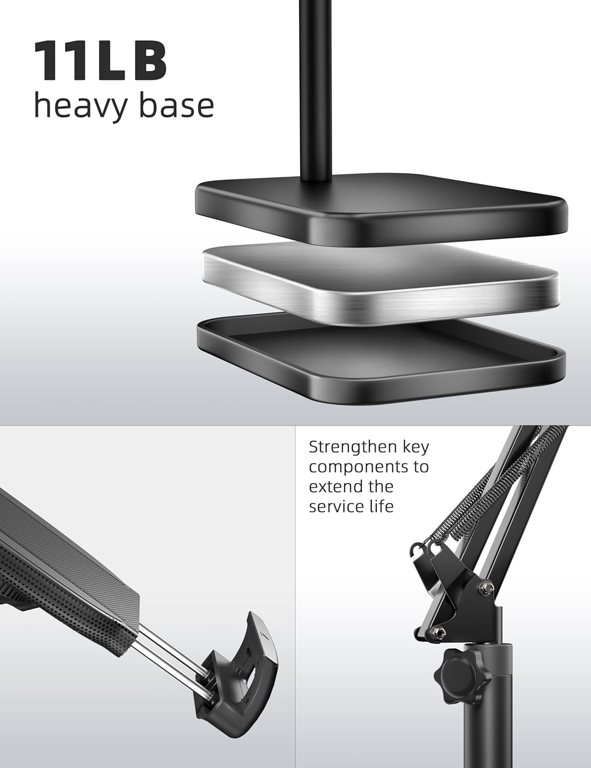 Tablet Floor Stand with 11lb Stable Base - Adjustable Height Stretchable Arm Swivel Holder Mount, Compatible with iPad Pro Air Mini 12.9/9.7, Kindle, Galaxy Tab, Cell Phones (4.7''-13'')