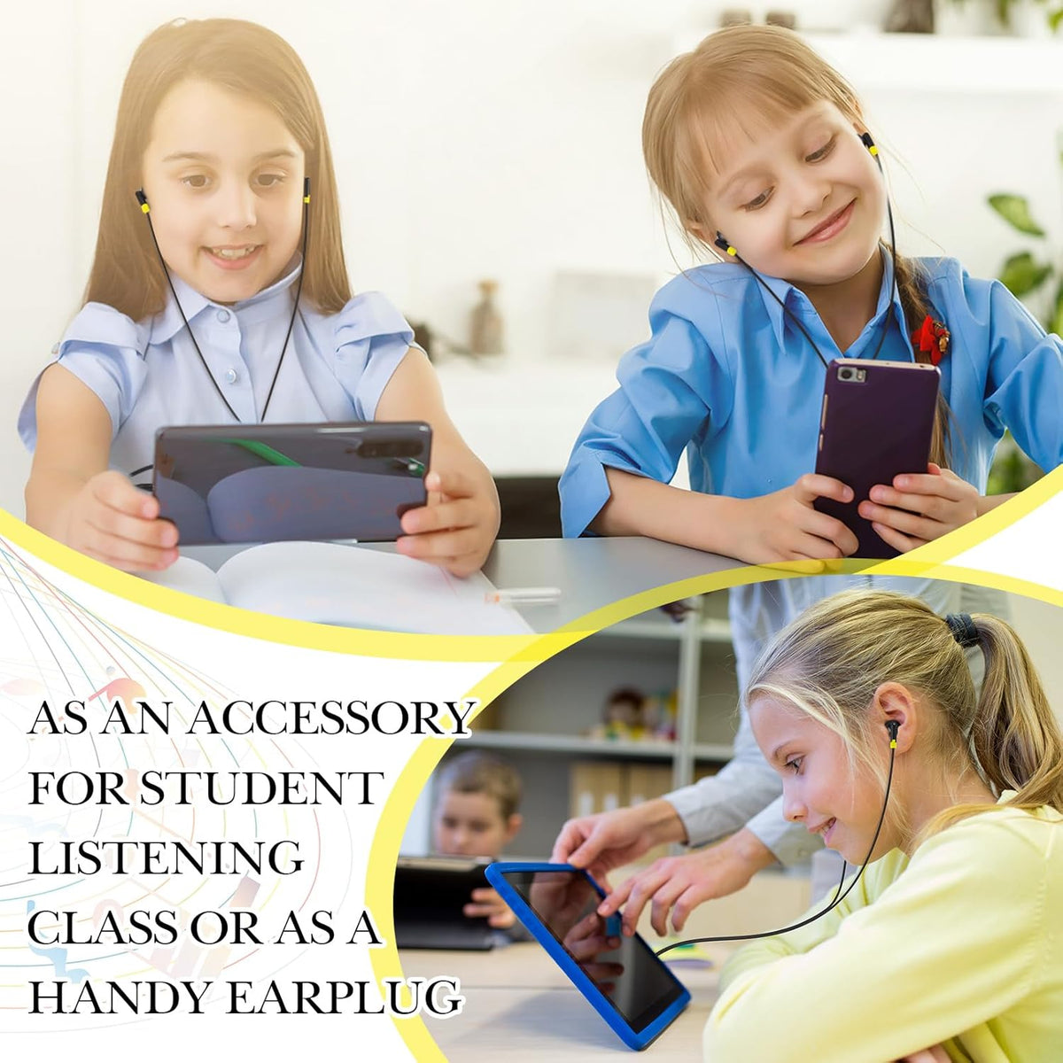 Kanayu 100 Pack Wired Earbuds Bulk for Classroom Ear Headphones Wired Basic Student Earbuds No Microphone with 3.5mm Jack for Kids Class Laptop School Library, Individually Bagged(Yellow)