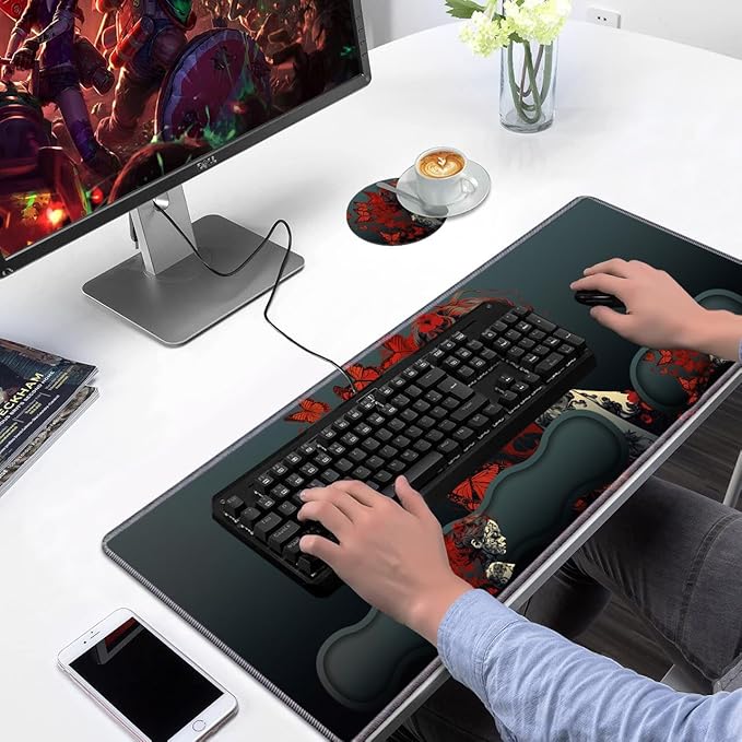 Ergonomic Keyboard Wrist Rest & Mouse Pad Wrist Rest Set Large Gaming Desk Mat 31.5x 11.8 with Non-Slip Base Memory Foam Easy Typing Pain Relief for Home & Office Tattooed Girl and Red B