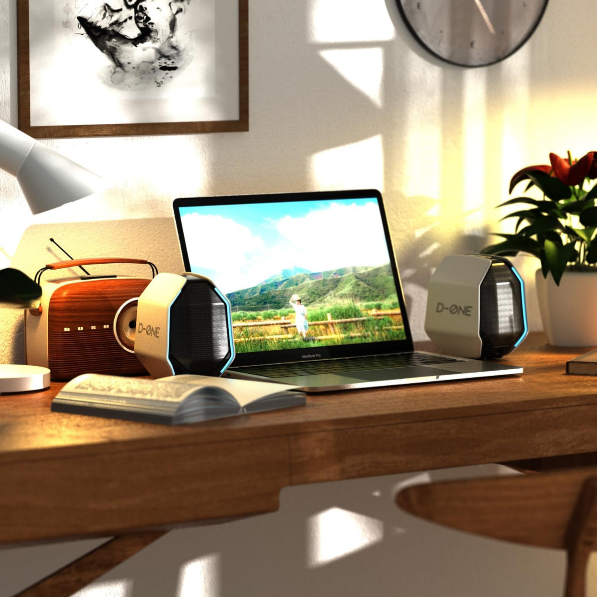 D-ONE 30W PC Gaming Computer Speakers for Laptop, Mac, Desktop Computer, Woofer Speakers, Bluetooth, USB, 3.5mm AUX Inputs, RGB Lights, Multimedia Speakers, White