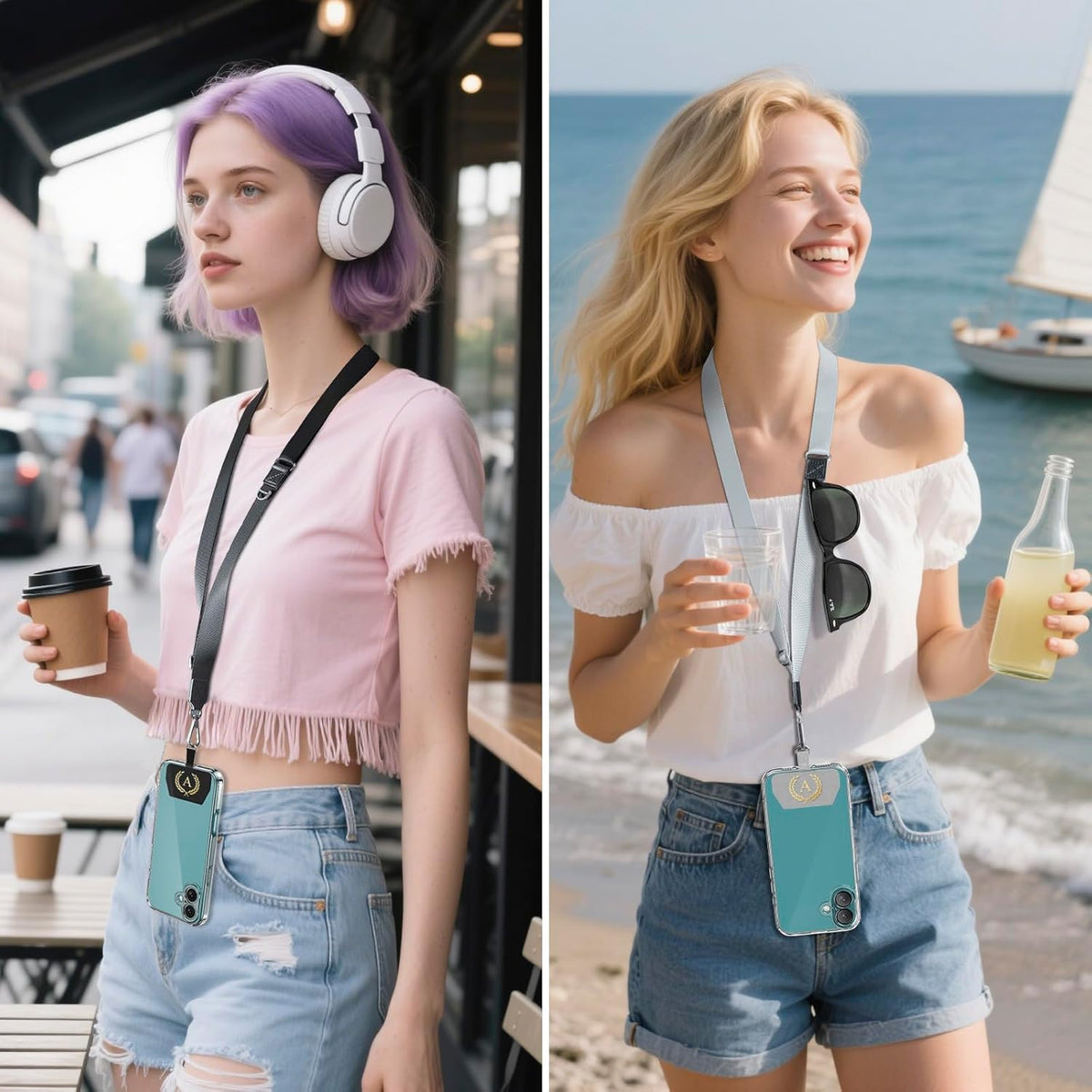 Phone Lanyard 2 Pack, Adjustable Cell Phone Multifuctional Patch Lanyards,Compatible with Most Smartphones and Wallets Keys ID Badges Travel Essentials(Black+Gray) (Lanyard Letter Sign A)