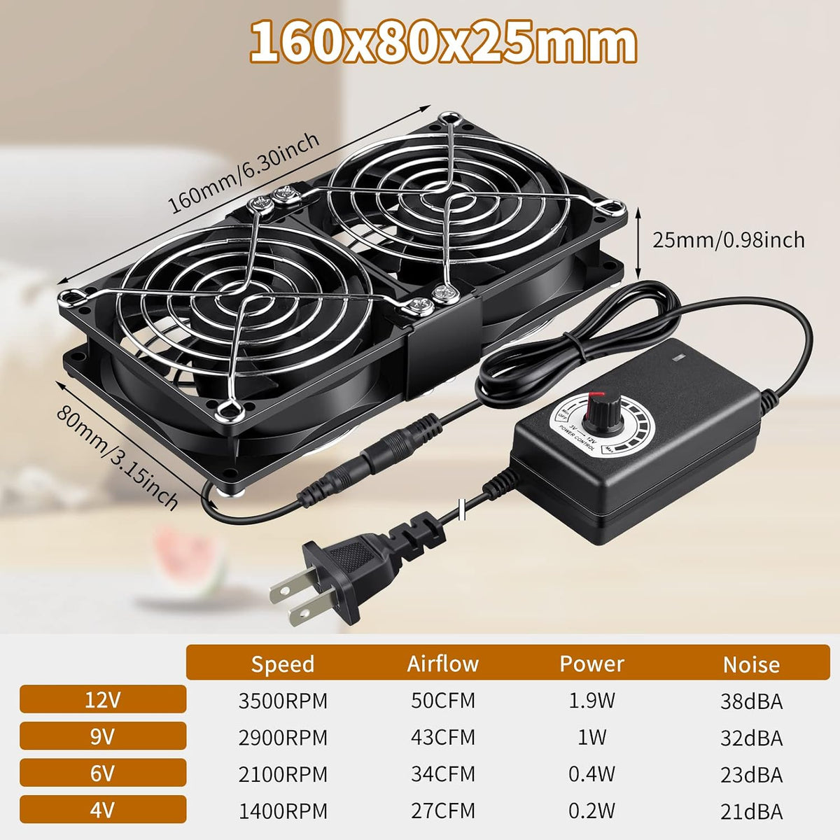 80mm 25mm 110V 120V 240V Wathai x Computer Fan with AC Plug, Dual Ball Big Airflow Variable Speed Controller AC