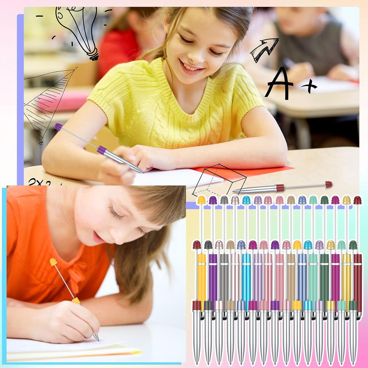 Qilery 30 Pcs Beaded Pens with Stylus Tips Plastic Beaded DIY Stylus 2-in-1 for Rubber Touch Screen Handwriting Ballpoint Pen 1.0mm, Black Ink, Office Supplies(Rainbow)