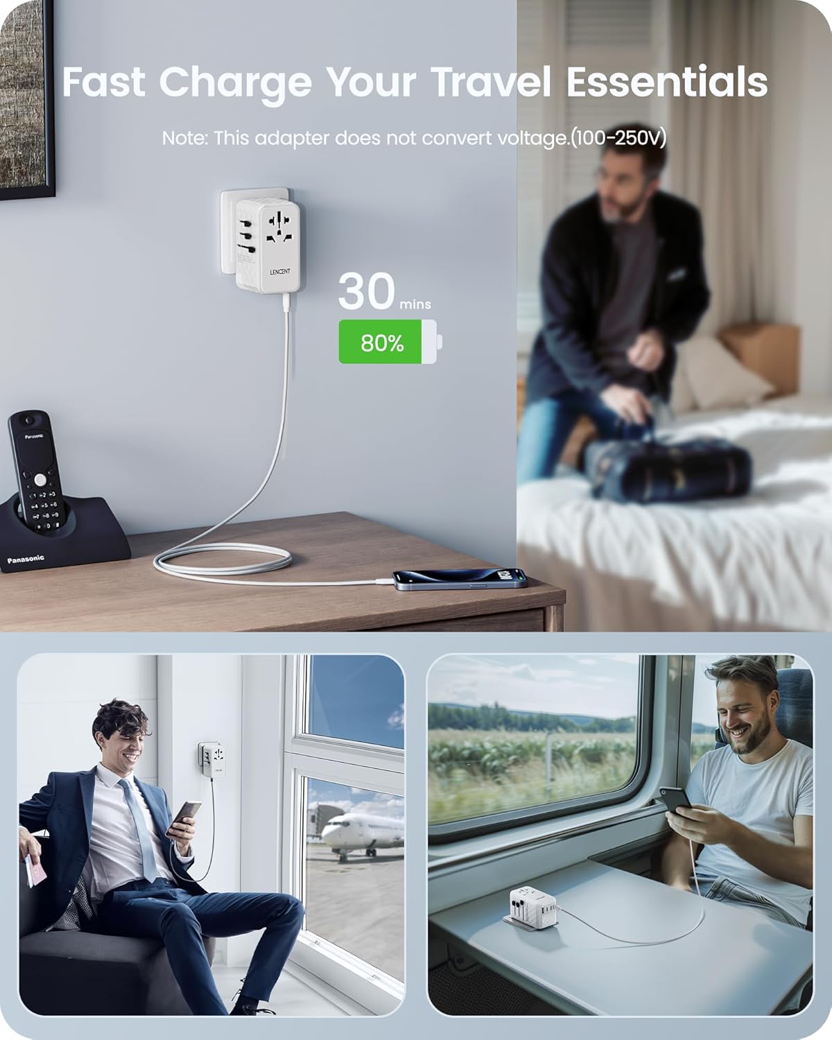 LENCENT 140W International Travel Adapter, GaN Universal Travel Adapter with 1 USB-A & 3 Type C Power Adapter, Fast Charger for Phone,Laptops, Worldwide Plug Adapter for USA/UK/EU/AUS, White