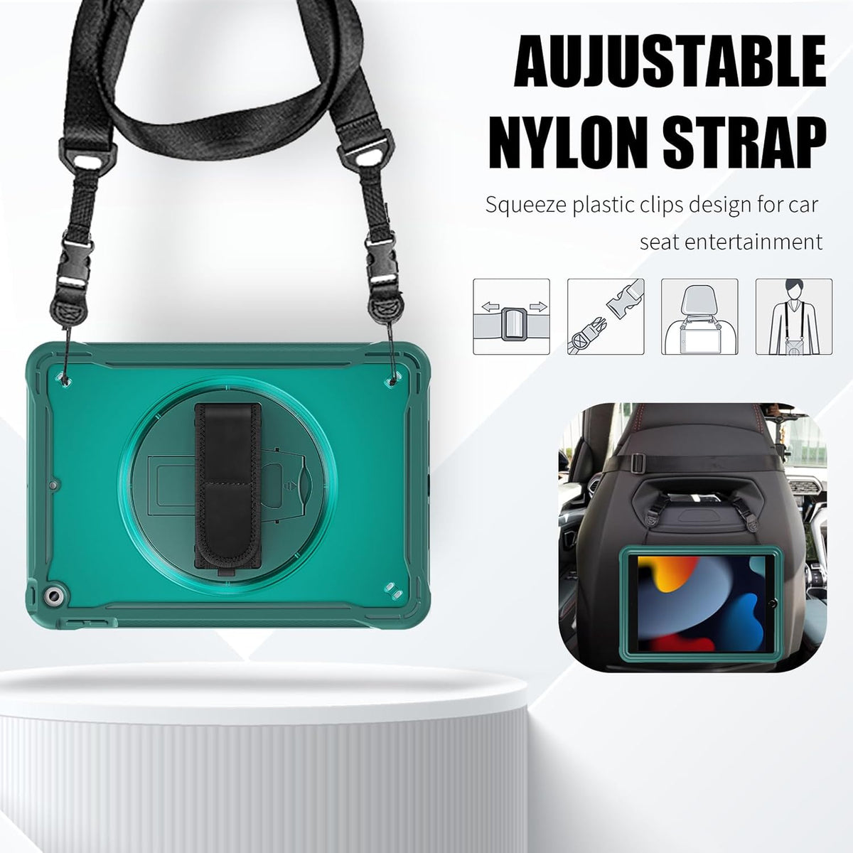 ZenRich Clear Case for iPad 9th/8th/7th Generation 10.2 inch 2021/2020/2019, Shockproof Slim Hard Case with Pencil Holder/360°Rotating Kickstand/Handle/Carrying Strap, MidnightGreen