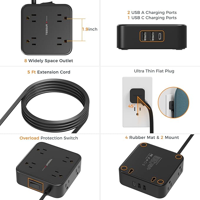 TESSAN Surge Protector Power Strip, 5 Ft Flat Plug Extension Cord with 3 USB (1 USB C) 8 Outlets, 900J Protection, 3 Sided Outlet Extender with Power Switch for Office, Dorm Room, Black