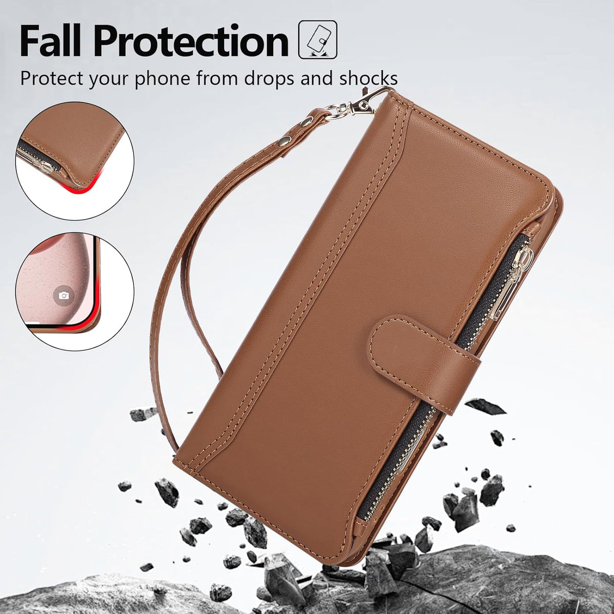 Compatible with iPhone 13 Pro Max Wallet Phone Case-PU Leather Magnetic Flip Cover with Credit Card Slots,Zipper Pocket & Detachable Wrist Strap,Shockproof Design,for Women and Men-Brown
