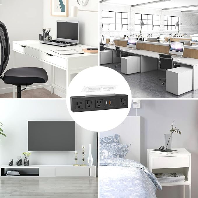 HHSOET Under Desk Power Strip with 3M Adhesive, Removable Under Desktop Mount Plug with Fast Charging USB C and USB A Ports, 4 Outlet Under Table Surge Protector 1200J, 10FT Extension Cord. (Black)