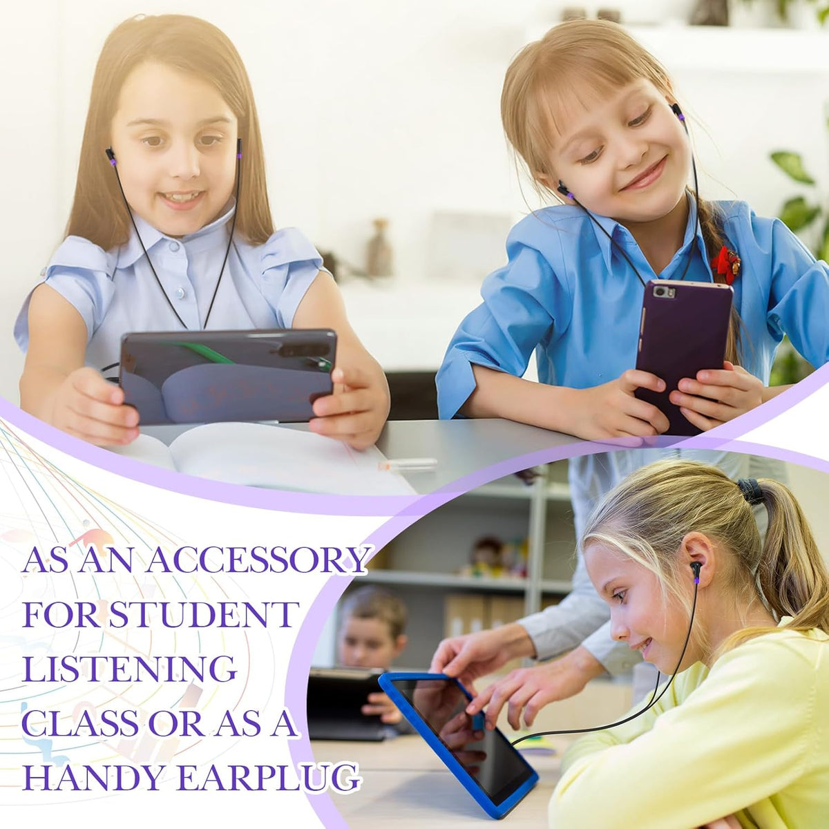 Kanayu 100 Pack Wired Earbuds Bulk for Classroom Ear Headphones Wired Basic Student Earbuds No Microphone with 3.5mm Jack for Kids Class Laptop School Library, Individually Bagged(Purple)
