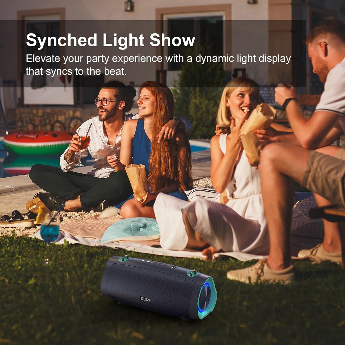 DOSS Extreme Boom Pro D100 Bluetooth Speaker with 140W Peak, 70W Bold Sound, Extra Bass, 24H Playtime, Beat-Sync Lights, Built-in Power Bank, IPX6 Waterproof, Portable Strap for Outdoor, Camping-Black