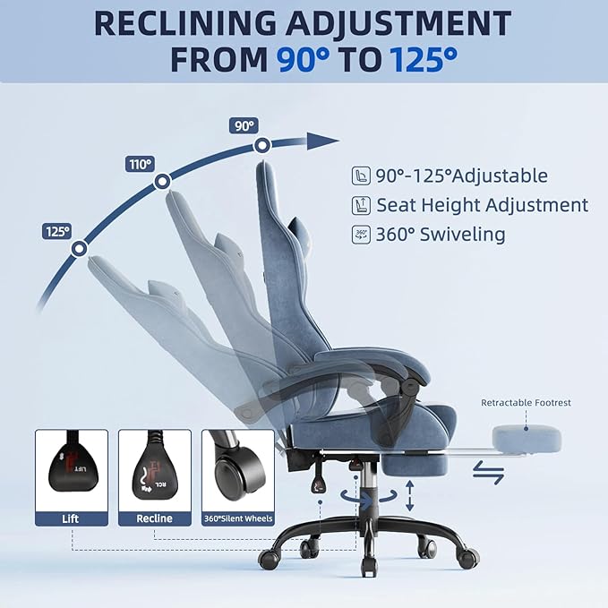 Ferghana Velvet Fabric Gaming Chair High Back Ergonomic Gamer Chair for Adult Comfortable Video Game Chair with Footrest and Massage Lumbar Cushion Racing Reclining Office Computer Desk Chair Grey