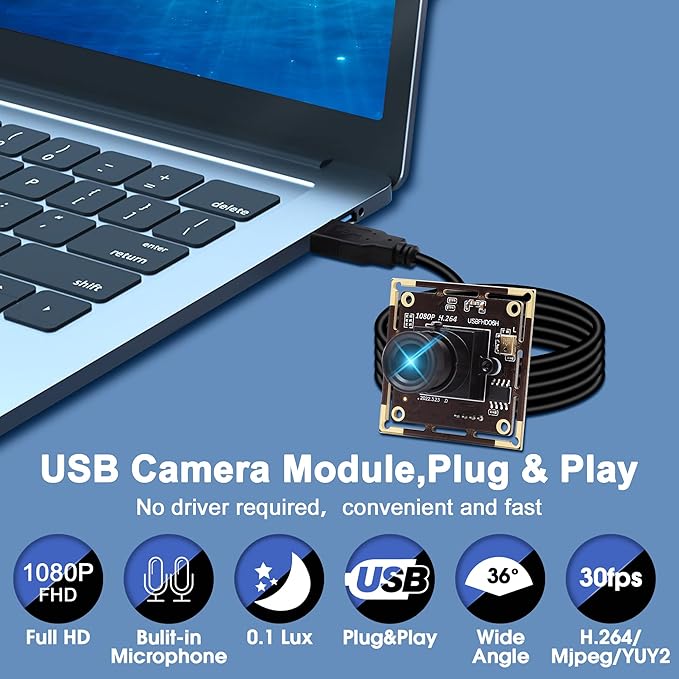 Magnolia 1080P USB Camera Module Low Light No Distortion Lightburn Camera IMX323 Sensor 84 Degree Mini Webcam Board with Microphone Plug & Play for Windows/Linux/Android/Mac/Raspberry Pi