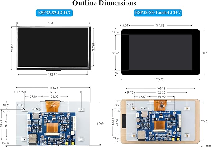 ESP32-S3 7inch Display Development Board ESP32 with 800×480 Pixel IPS LCD Screen 32-bit LX7 Dual-Core Processor Up to 240MHz Frequency Support W F& BLE 5 (No Touch)