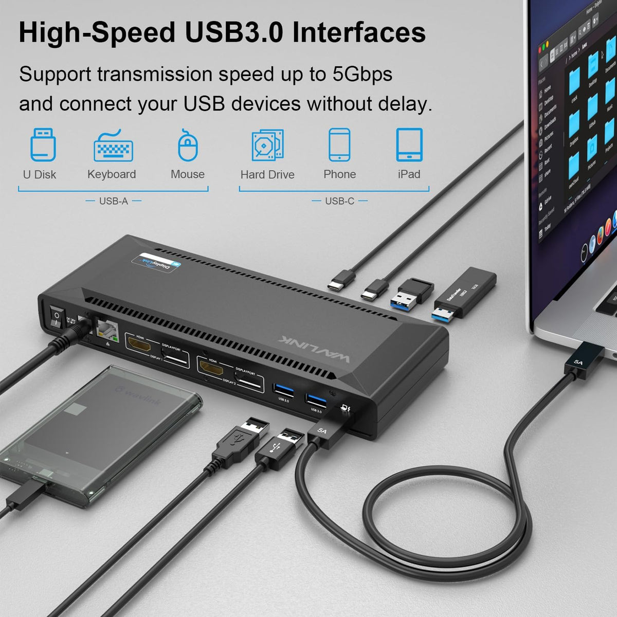 WAVLINK DisplayLink Laptop Docking Station Dual 4K@60Hz(2 HDMI+2DP), 100W PD Charging Compatible with Thunderbolt 4/3, USB-C/A - M1 M2 M3 M4 Mac, Windows, Chrome, 6 USB Ports, LAN - Driver Required