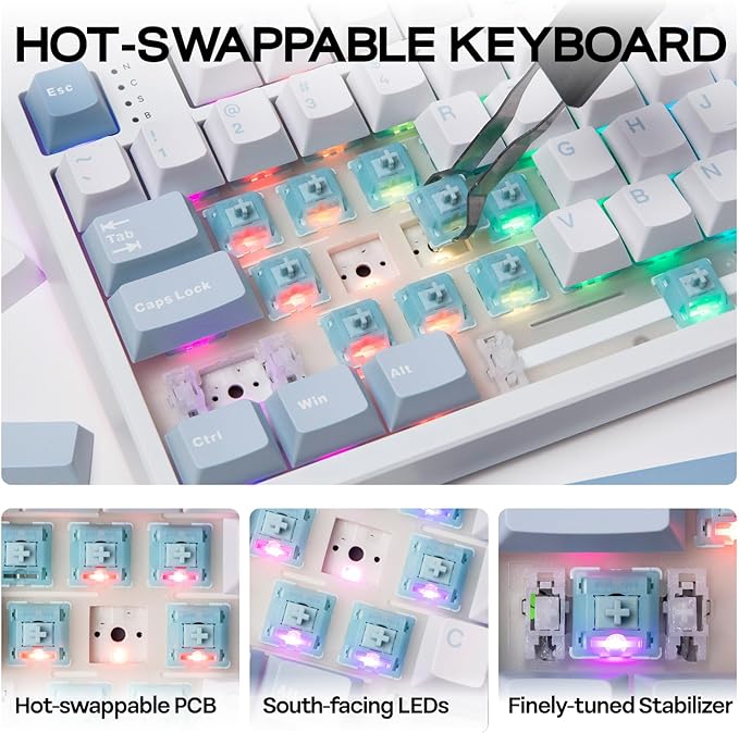 EPOMAKER TH108 Full Size Mechanical Keyboard Wireless Gaming Keyboard with 8000mAh Battery Creamy Gasket 108 Keys Hot Swap Custom Driver RGB Backlight (Blue&White Sea Salt Silent)
