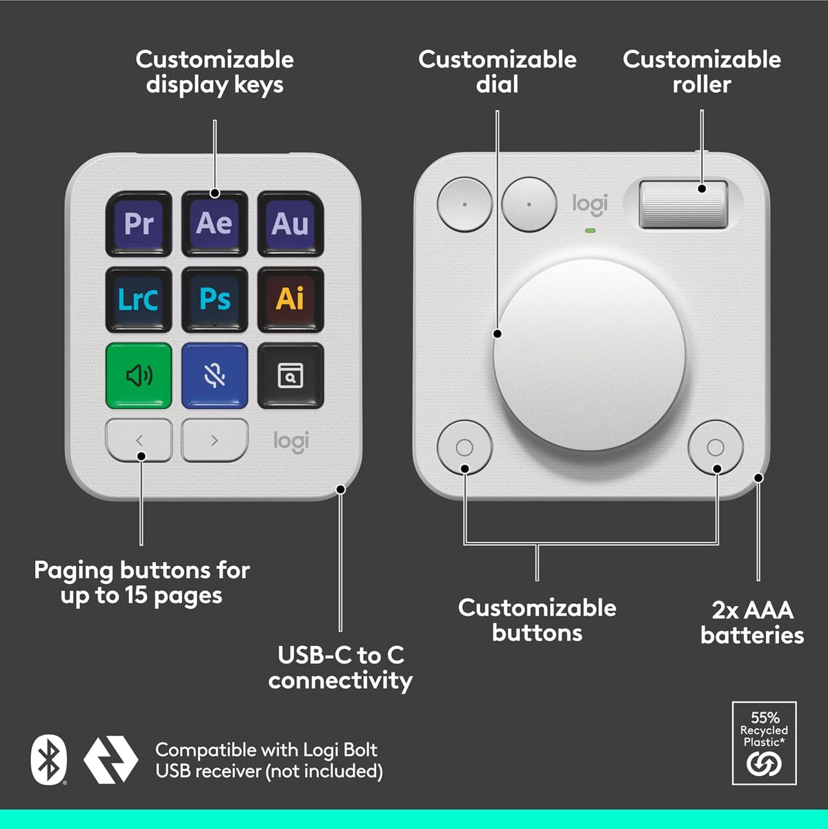 Logitech MX Master 3S Wireless Mouse Standard Edition with Logi Bolt USB Receiver + MX Creative Console: Mouse, Programmable Keys and Dial for Graphic Design, Video Editing, Adobe and More - Pale Grey