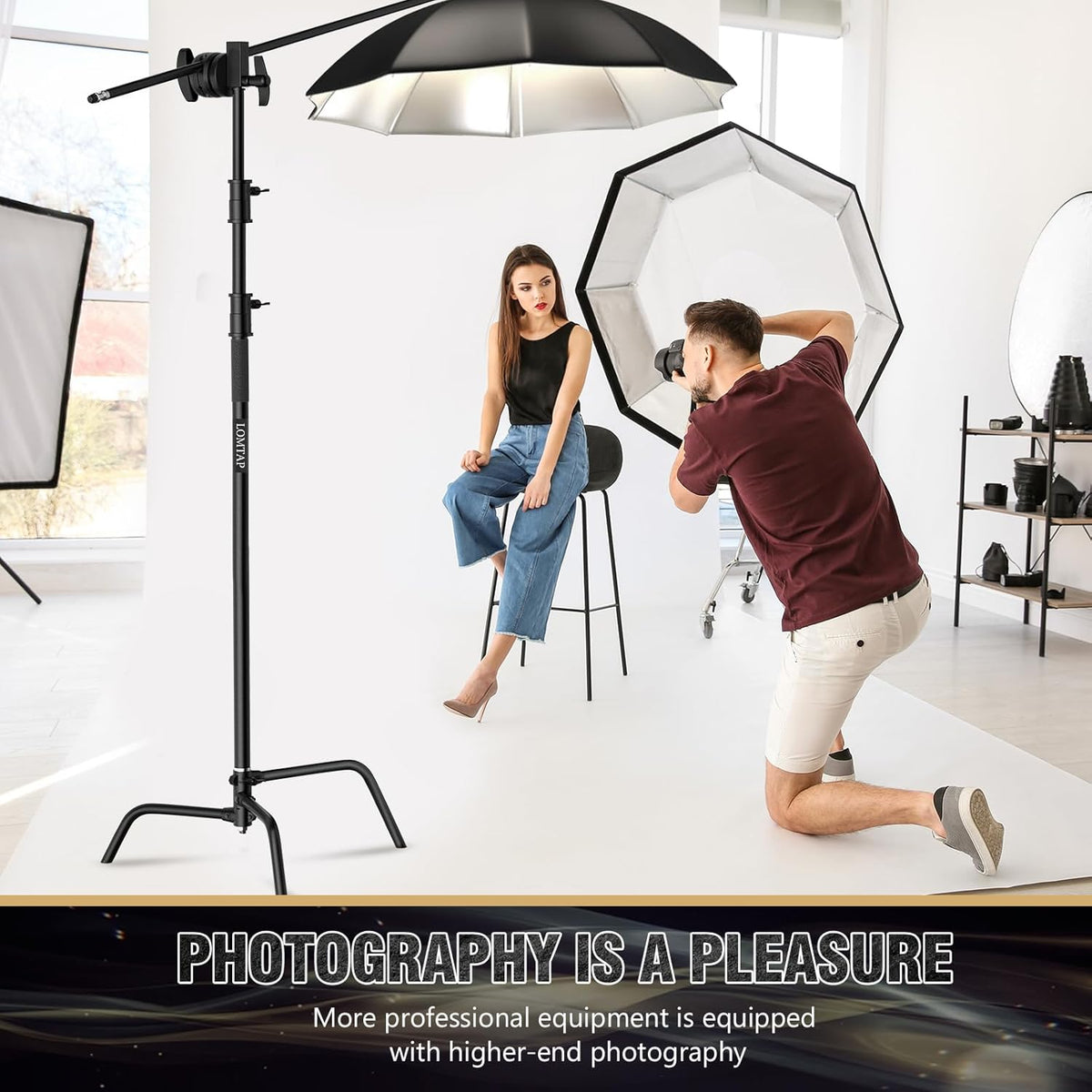 LOMTAP C Stand Light Stand Stainless Metal Photography Kit - Heavy Duty 10.8ft/330cm Vertical Pole, 4.2ft/128cm Boom Arm, Adjustable Base, Water Sandbag, 2 Grip Heads, 3 Clips for Softbox, Reflector